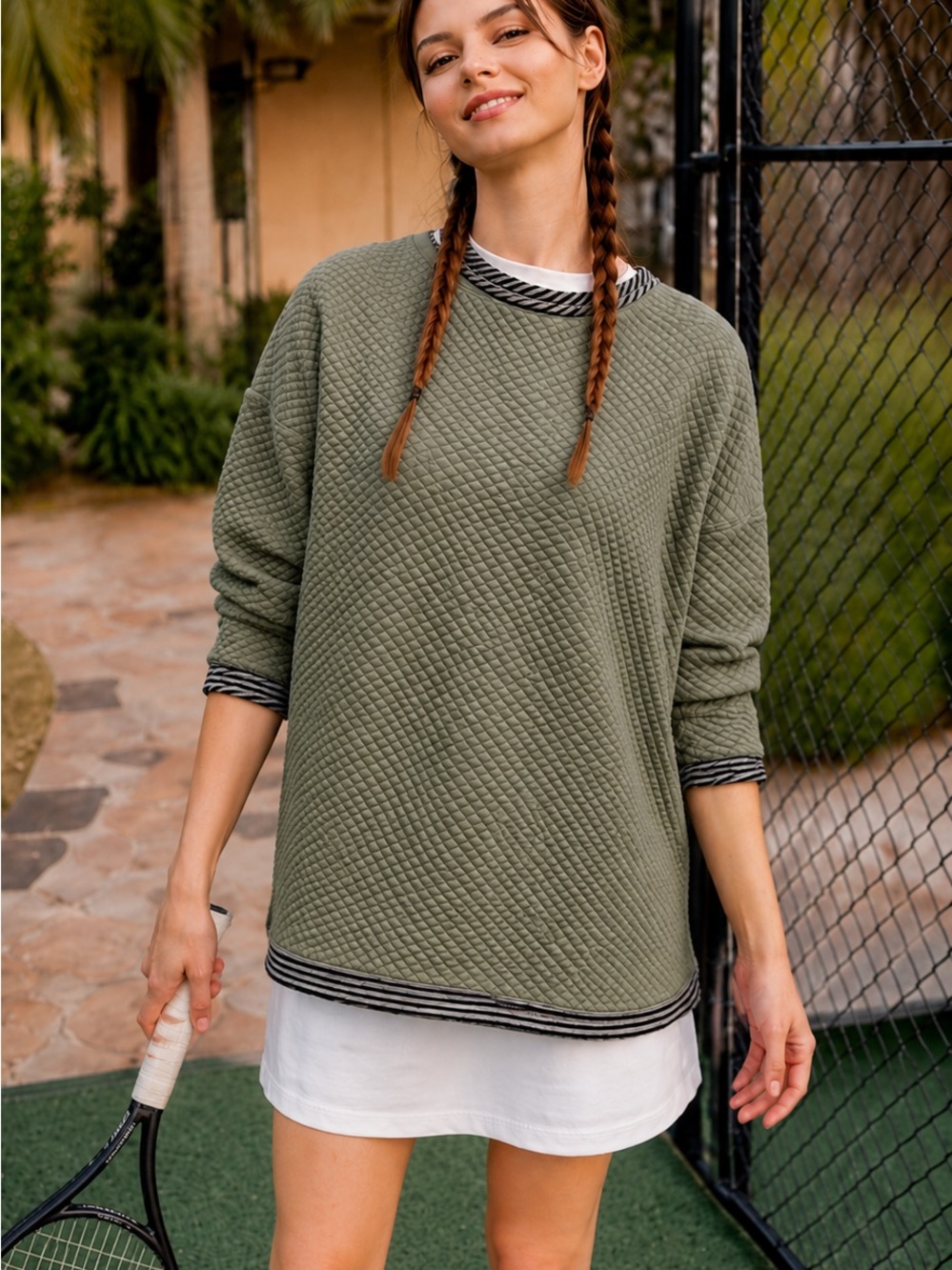 TUCKERNUCK Ally Swing Quilted Reversible Sweatshirt Sage Green Tennis Preppy S - Picture 6 of 17
